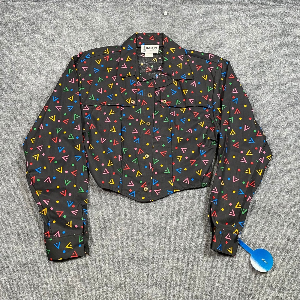 Vintage Banjo Dallas TX Geometric Print Cropped Western Shirt Black Large USA